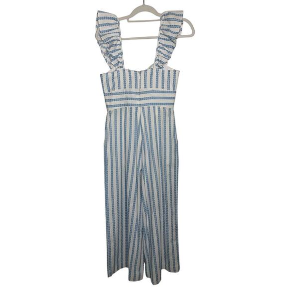 BCBGeneration Blue White Striped Ruffled Sleeve Jumpsuit in Sky Blue - Picture 8 of 8